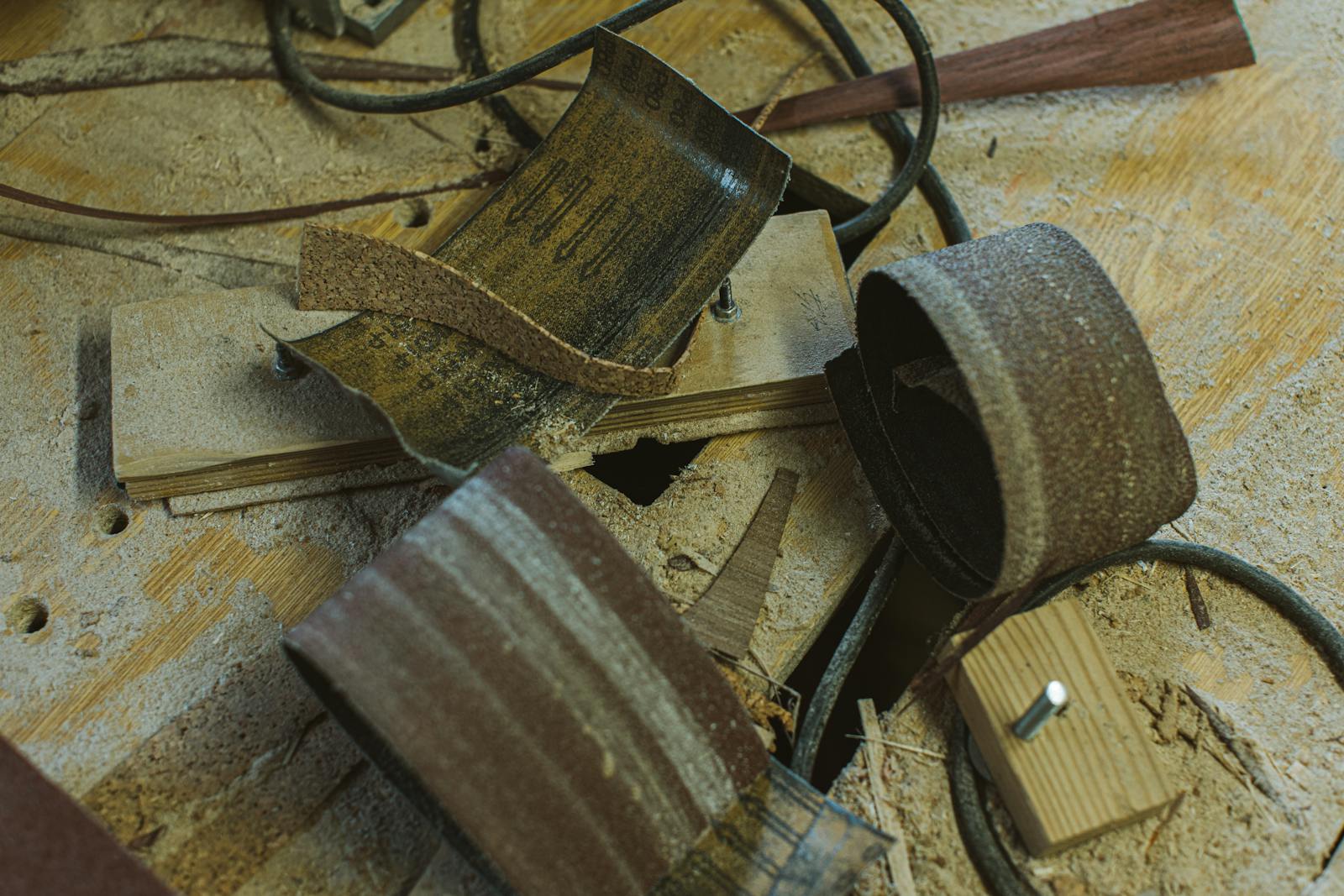 Close-up of sandpaper and sawdust on a wooden surface in a workshop.